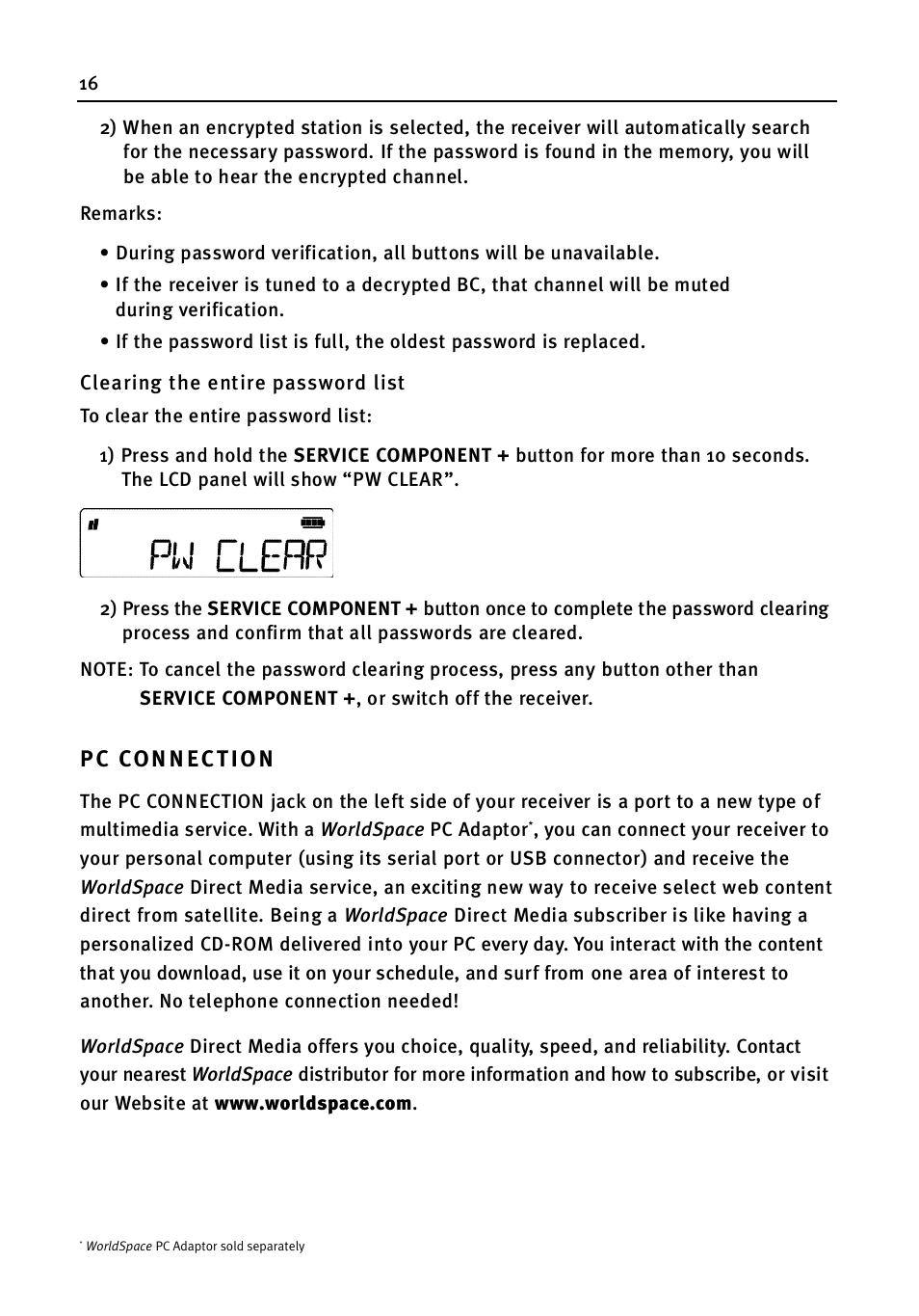 P c con n ec tio n | WorldSpace wssr-11 User Manual | Page 16 / 24