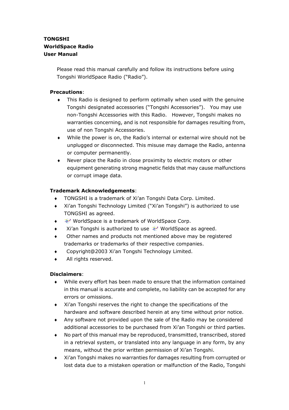 WorldSpace Radio TONGSHI User Manual | 24 pages