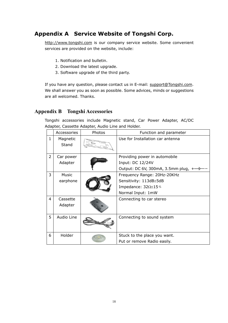 Appendix a service website of tongshi corp, Appendix b tongshi accessories | WorldSpace Radio TONGSHI User Manual | Page 18 / 24