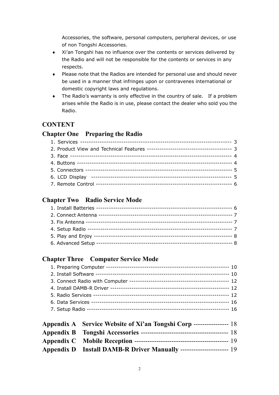 Content chapter one preparing the radio, Chapter two radio service mode, Chapter three computer service mode | WorldSpace Radio TONGSHI User Manual | Page 2 / 24