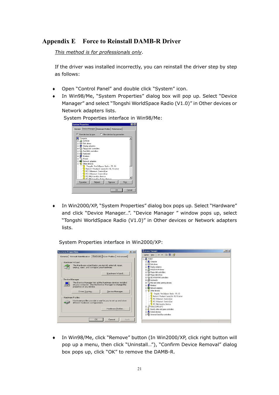 Appendix e, Force to reinstall damb-r driver | WorldSpace Radio TONGSHI User Manual | Page 21 / 24
