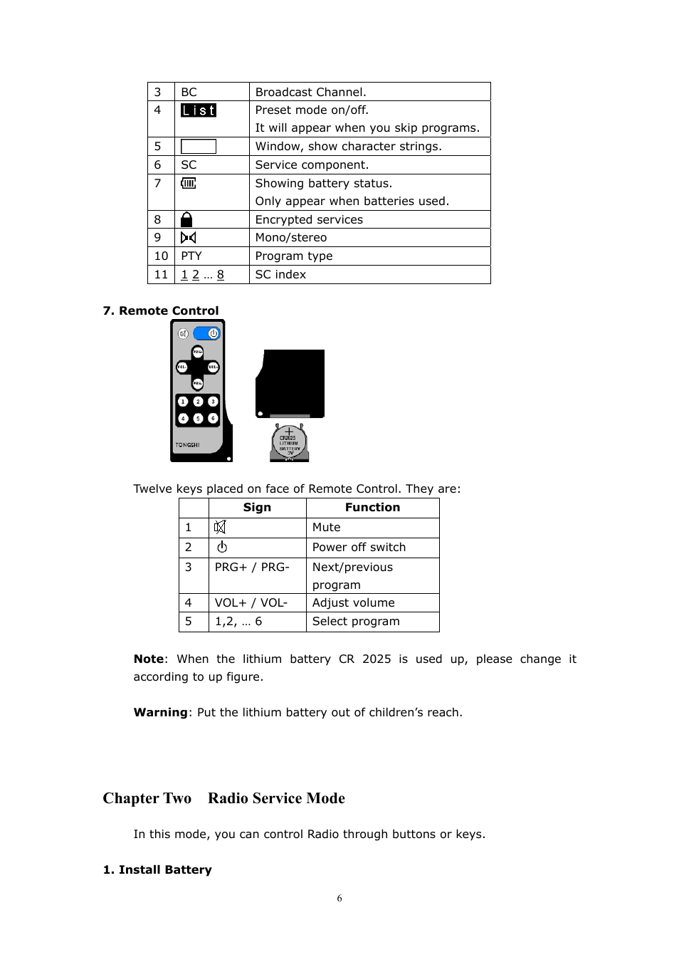 Chapter two radio service mode | WorldSpace Radio TONGSHI User Manual | Page 6 / 24