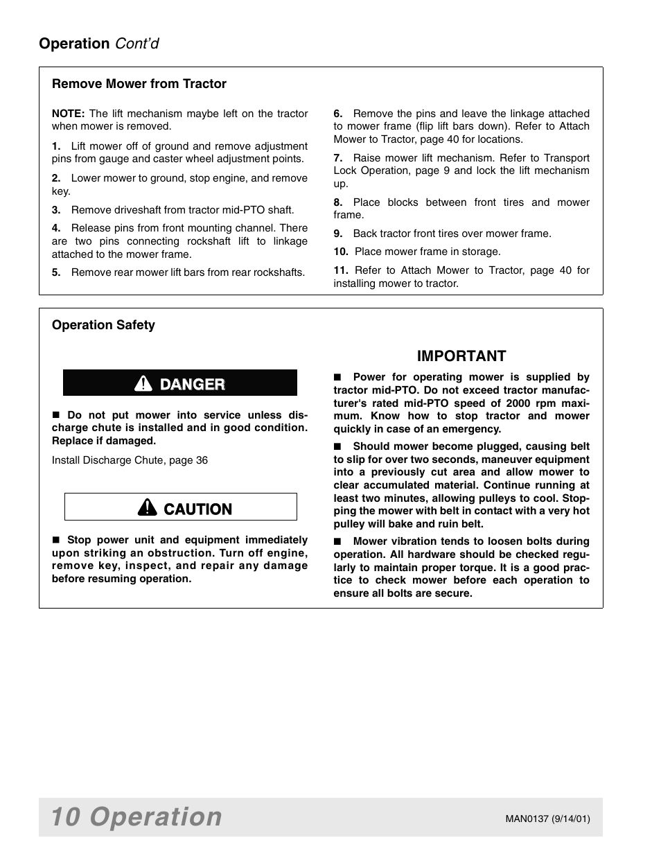 10 operation, Cont’d, Operation | Important, Danger caution | Woods Equipment 7000 User Manual | Page 12 / 50