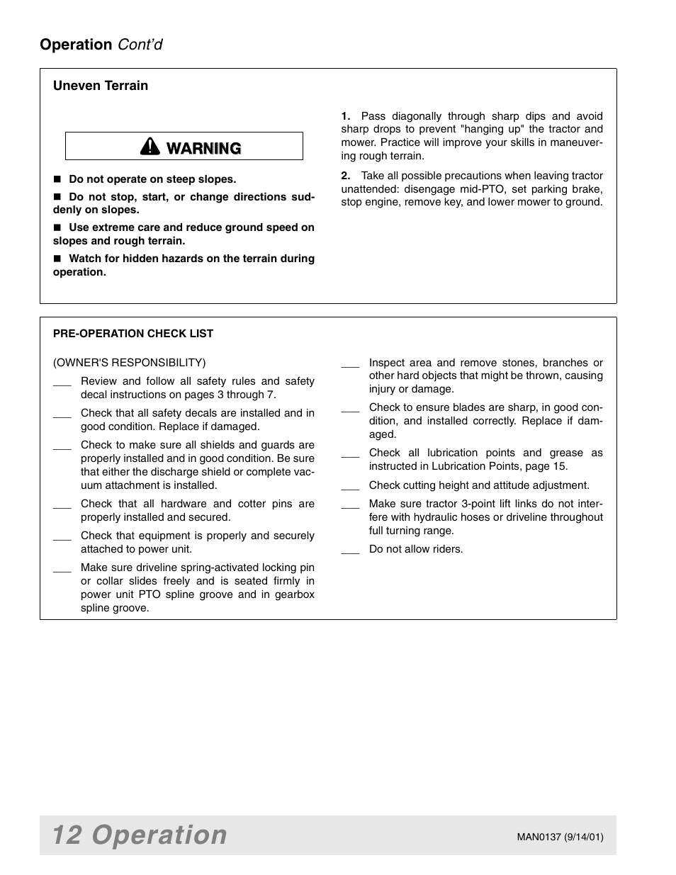 12 operation, Cont’d, Operation | Warning | Woods Equipment 7000 User Manual | Page 14 / 50