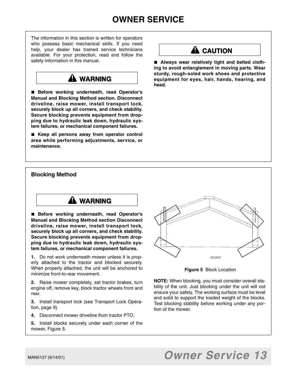 Owner service 13, Owner service, Warning caution warning | Woods Equipment 7000 User Manual | Page 15 / 50