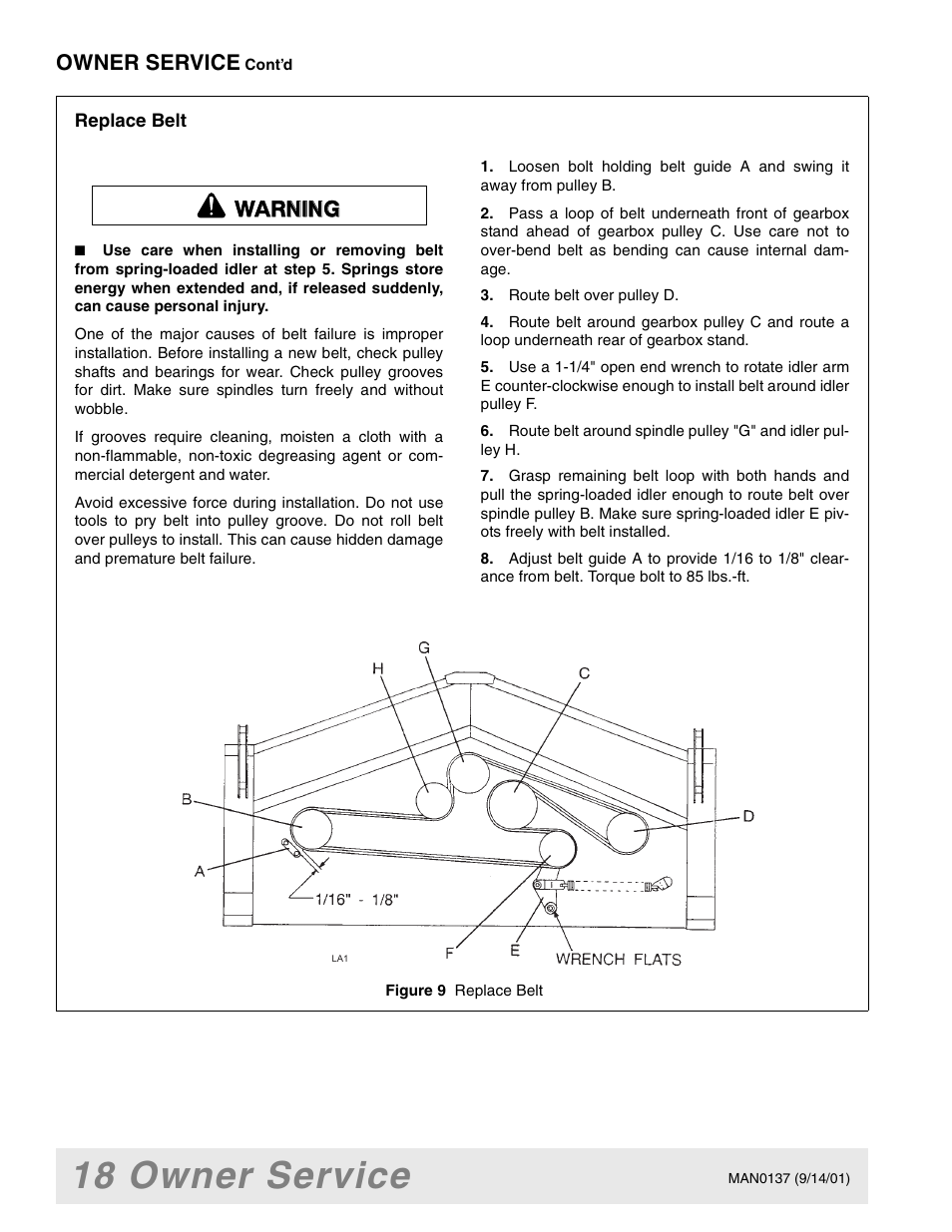 18 owner service, Owner service, Warning | Woods Equipment 7000 User Manual | Page 20 / 50