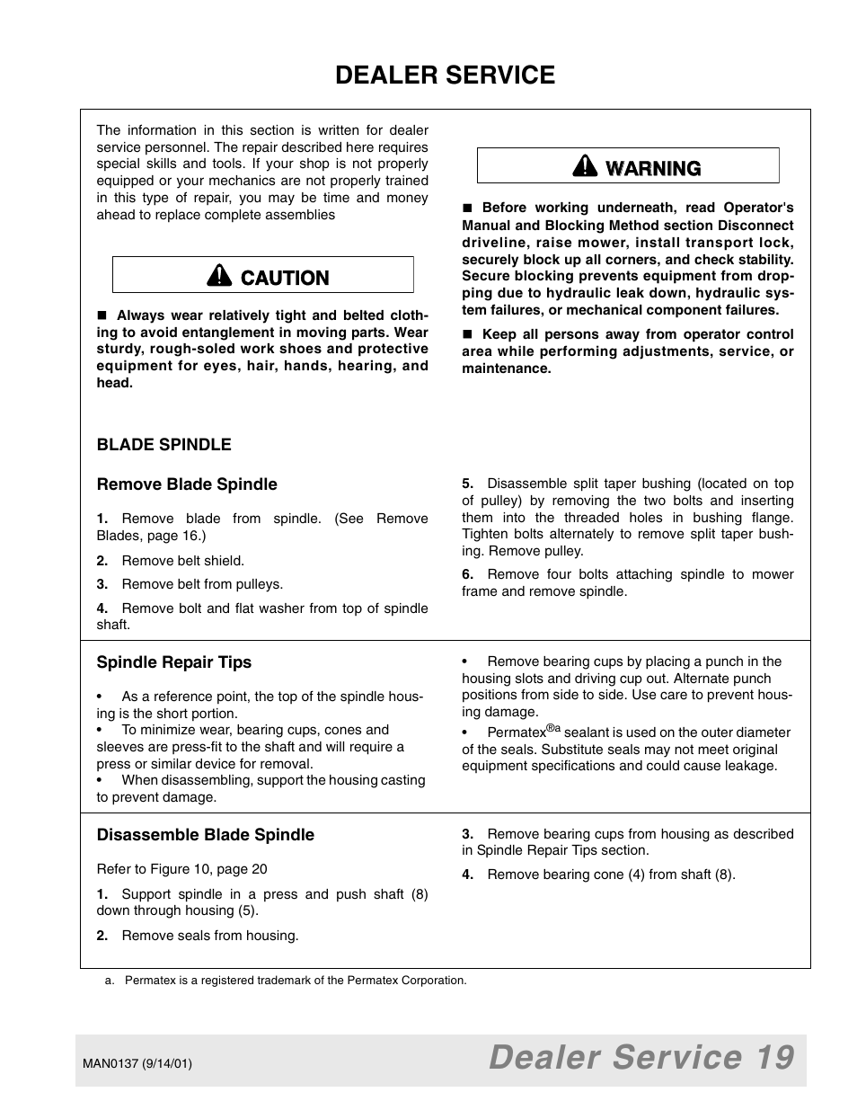 Dealer service 19, Dealer service, Caution warning | Woods Equipment 7000 User Manual | Page 21 / 50