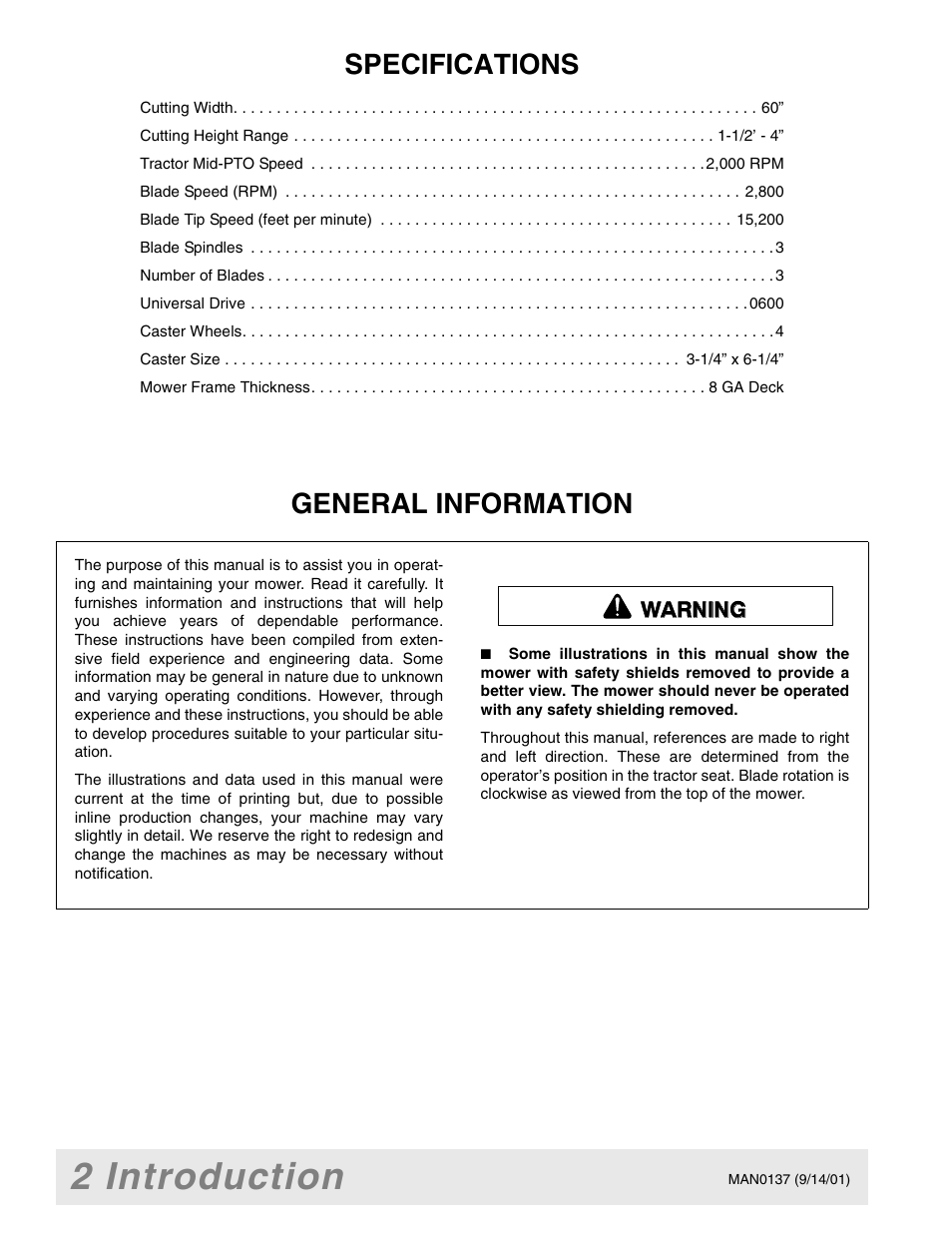 2 introduction, Specifications, General information | Warning | Woods Equipment 7000 User Manual | Page 4 / 50