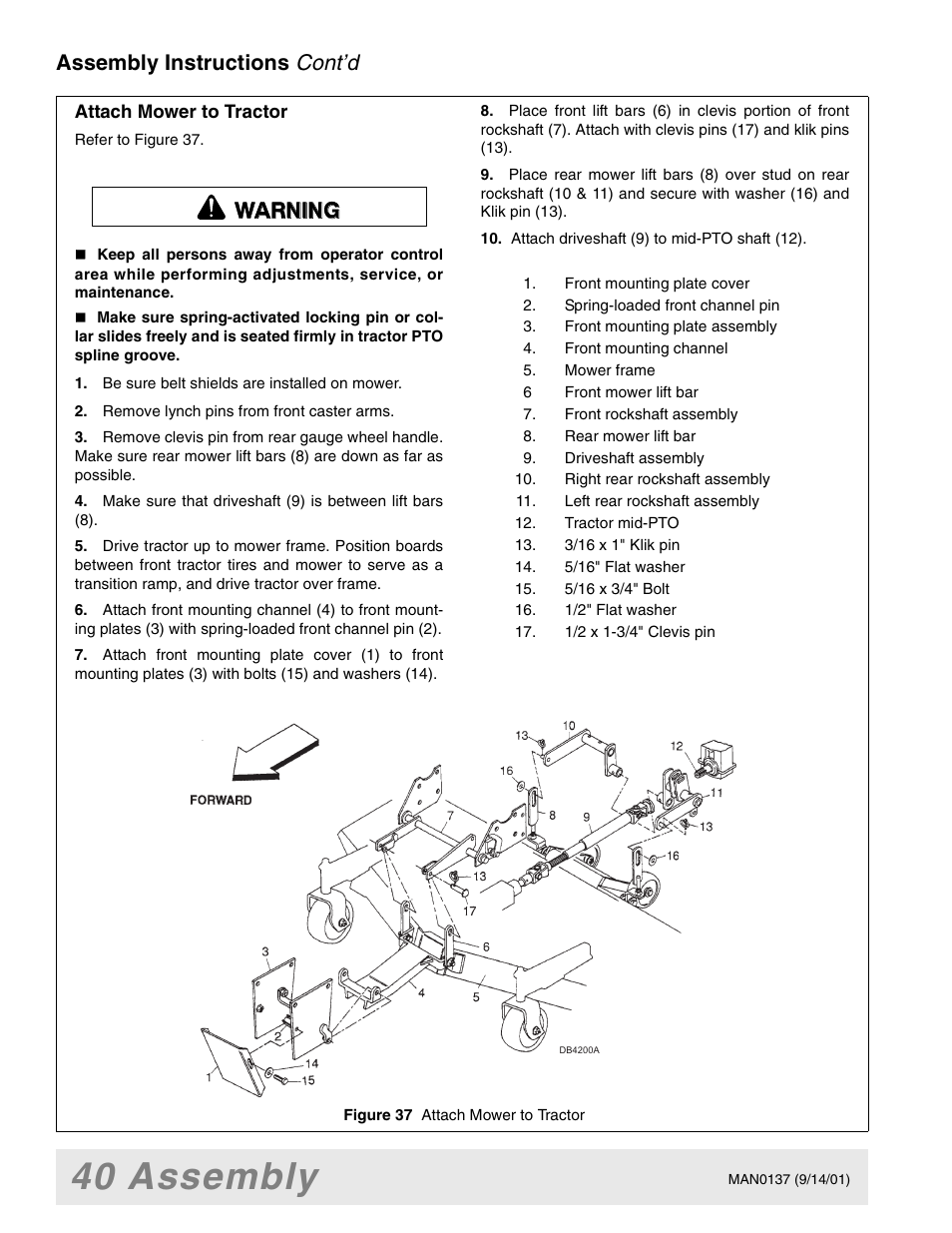 40 assembly, Cont’d, Assembly instructions | Warning | Woods Equipment 7000 User Manual | Page 42 / 50