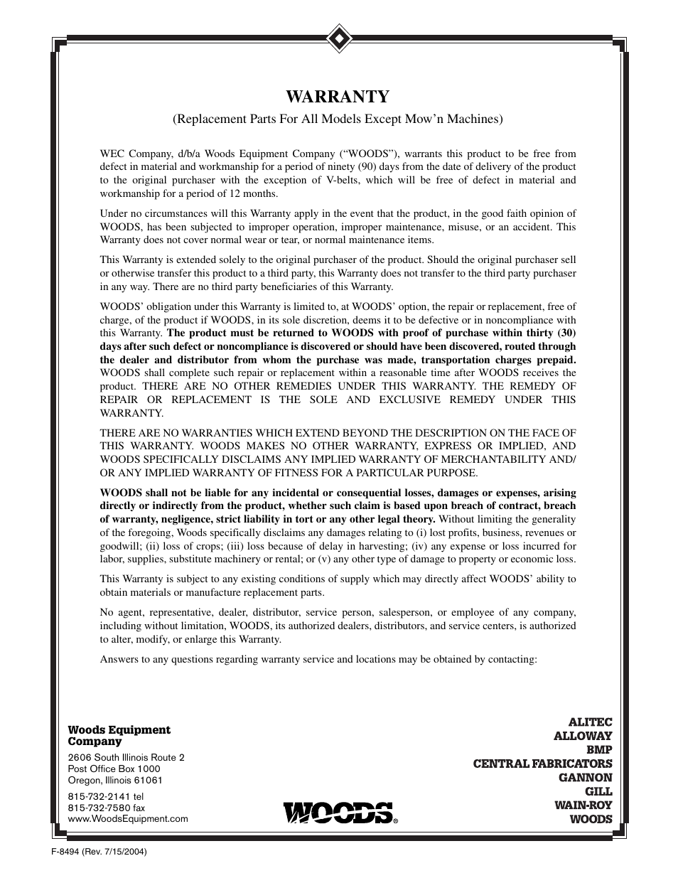 Warranty | Woods Equipment 7000 User Manual | Page 48 / 50