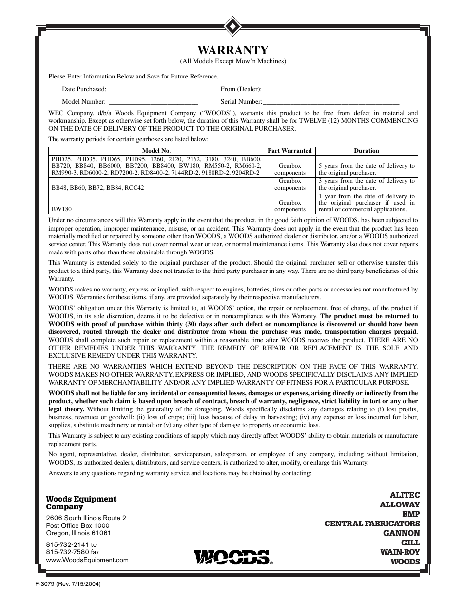 Warranty | Woods Equipment 7000 User Manual | Page 49 / 50