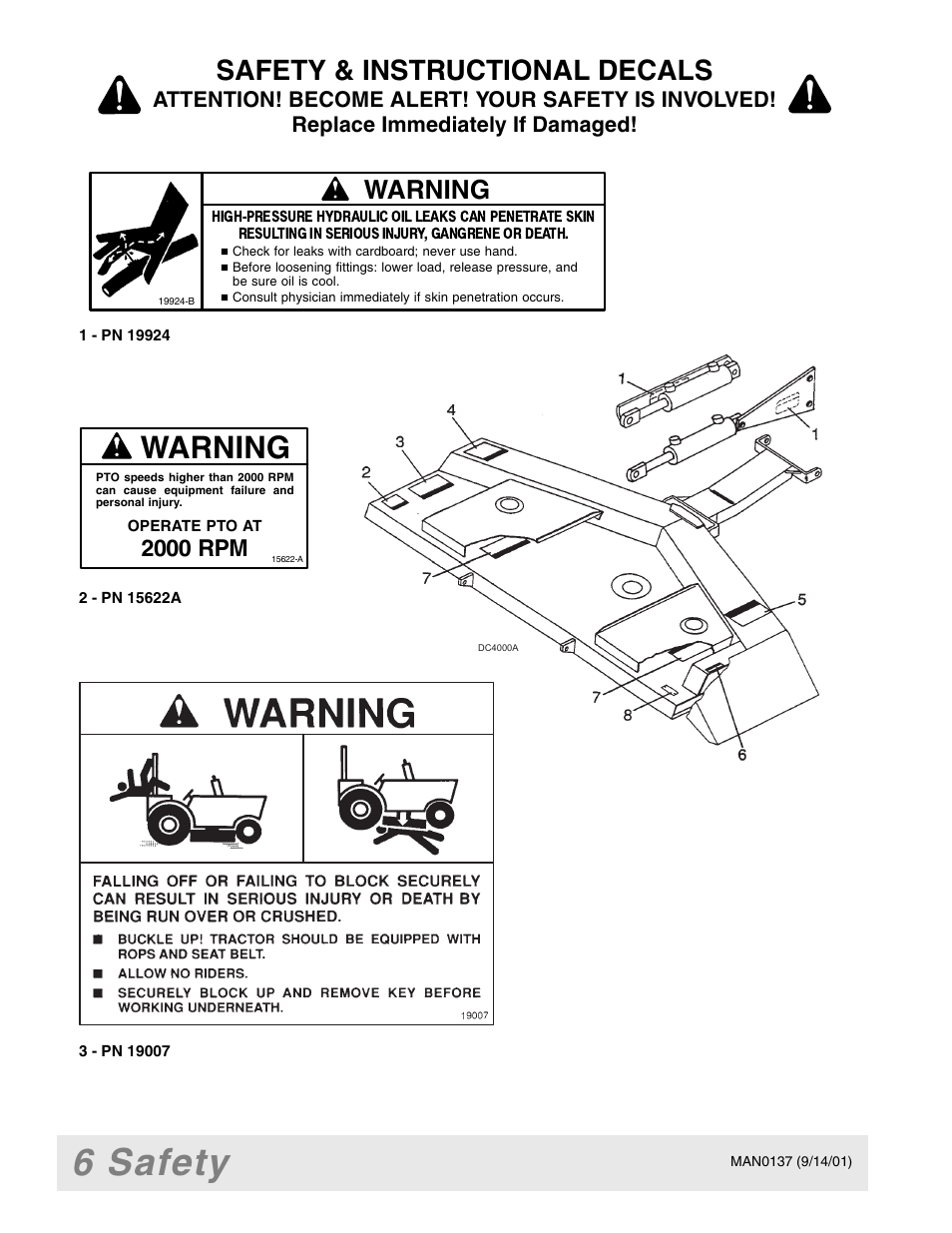 6 safety, Safety & instructional decals, Warning | 2000 rpm | Woods Equipment 7000 User Manual | Page 8 / 50