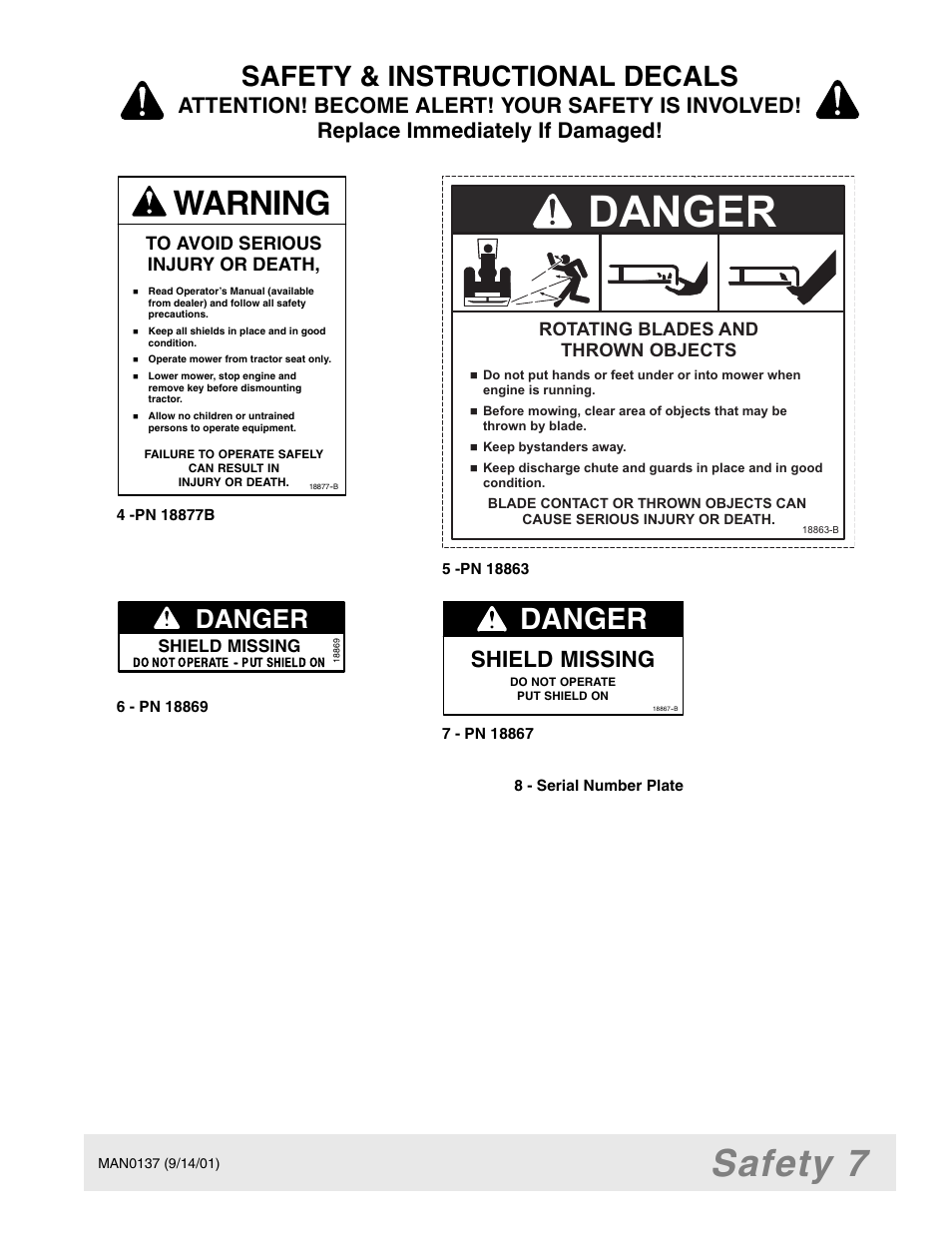 Danger, Safety 7, Warning | Safety & instructional decals, Shield missing | Woods Equipment 7000 User Manual | Page 9 / 50