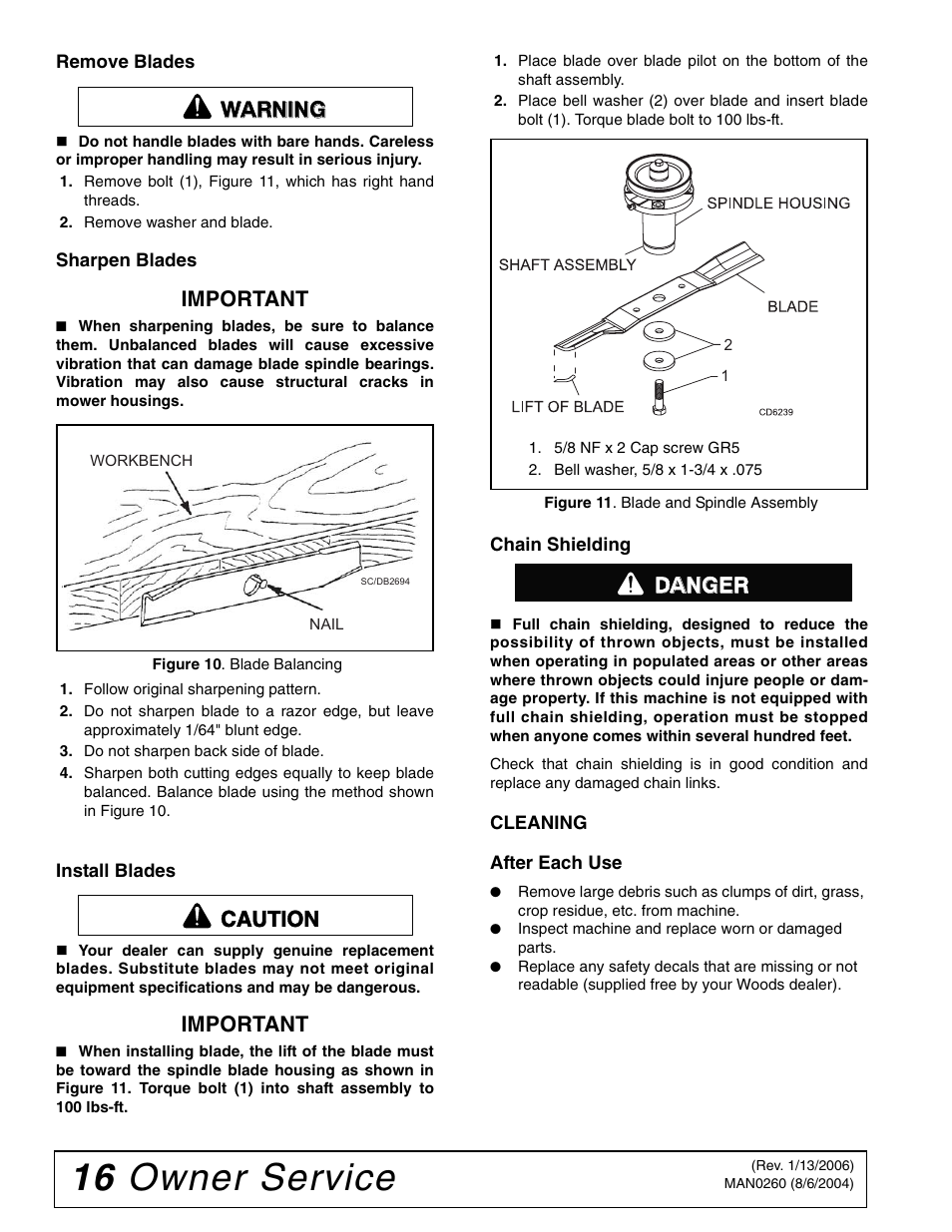 16 owner service, Important, Warning | Caution, Danger | Woods Equipment RDC54 User Manual | Page 18 / 40