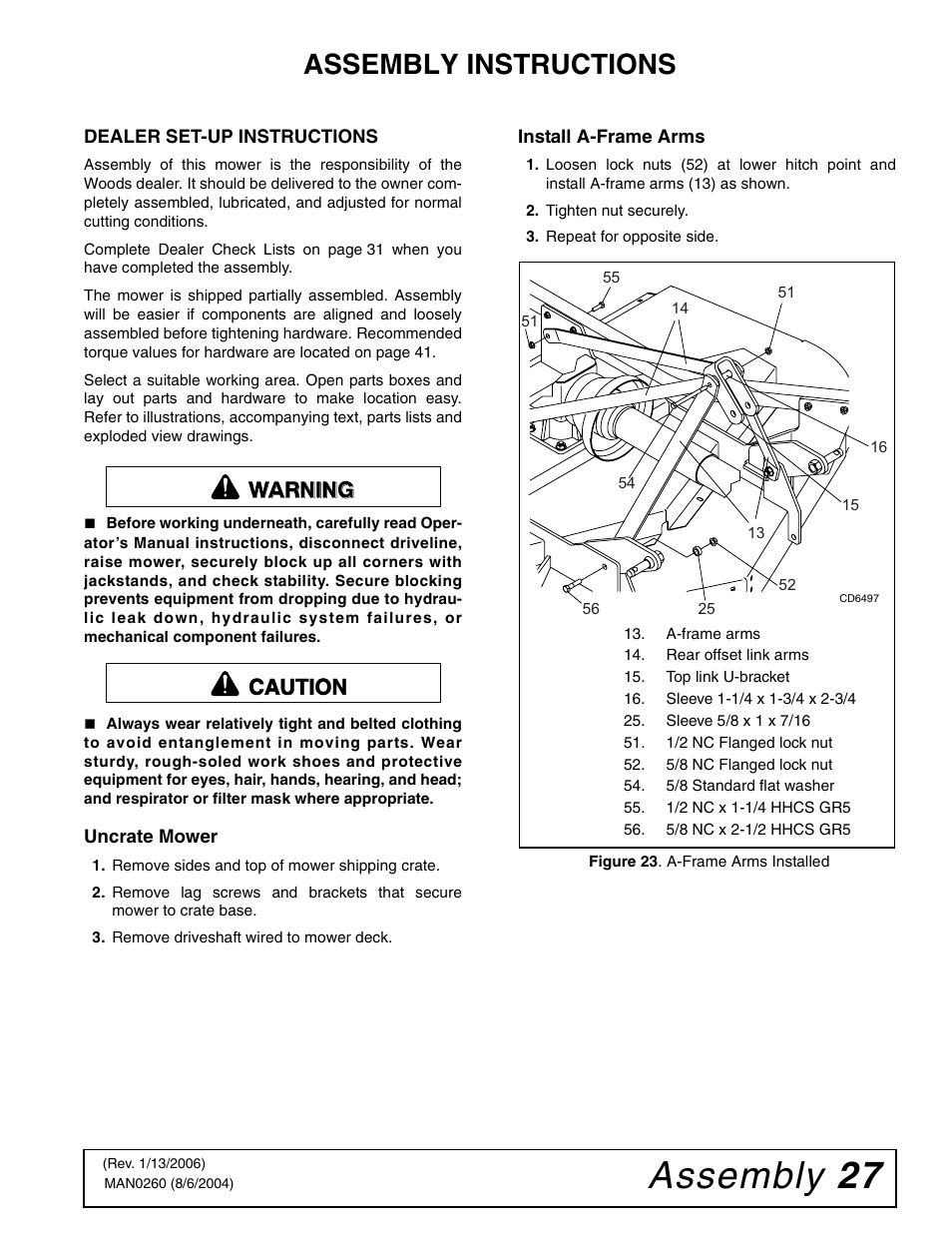 Assembly 27, Assembly instructions, Warning caution | Woods Equipment RDC54 User Manual | Page 29 / 40