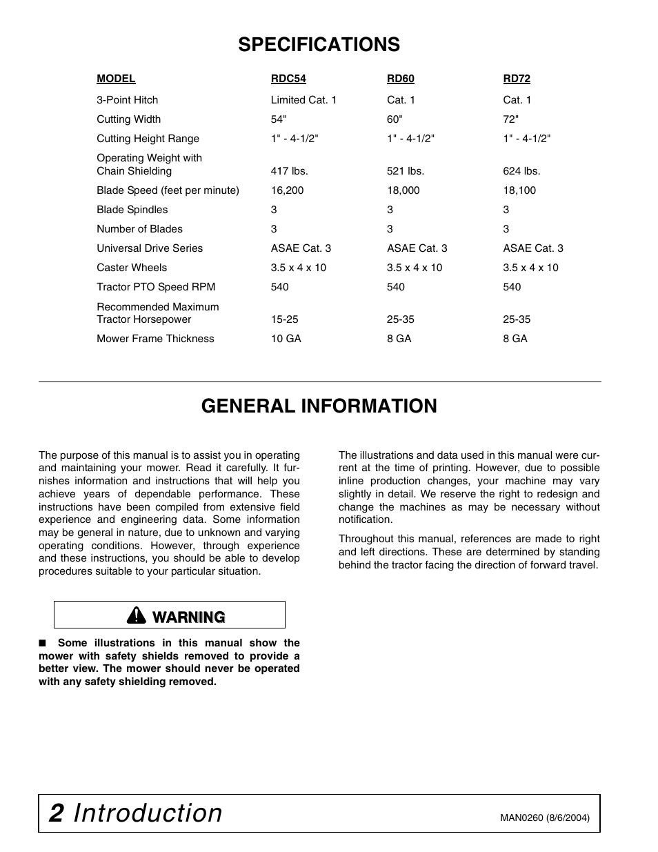 2 introduction, Specifications, General information | Warning | Woods Equipment RDC54 User Manual | Page 4 / 40