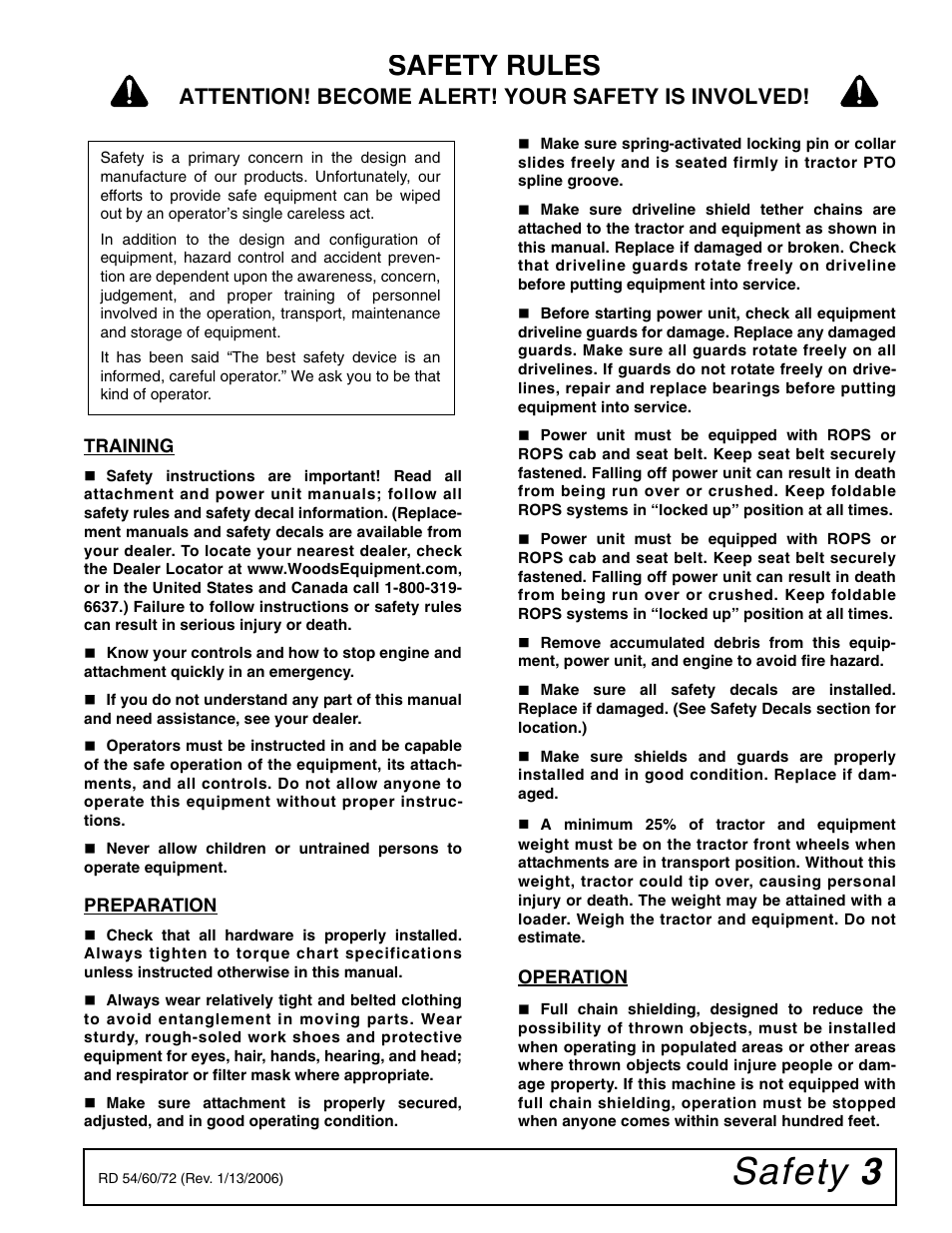 Safety 3, Safety rules, Attention! become alert! your safety is involved | Woods Equipment RDC54 User Manual | Page 5 / 40