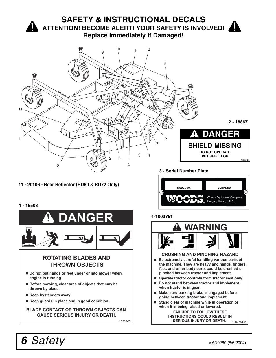 Danger, 6 safety, Warning | Safety & instructional decals, Shield missing, Rotating blades and thrown objects | Woods Equipment RDC54 User Manual | Page 8 / 40