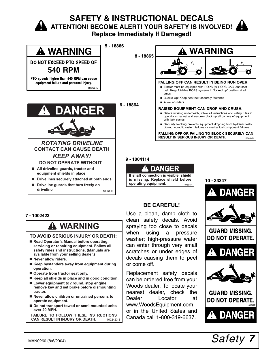 Safety 7, Danger, Warning | Safety & instructional decals, 540 rpm, Dang nger er, Guard missing. do not operate | Woods Equipment RDC54 User Manual | Page 9 / 40