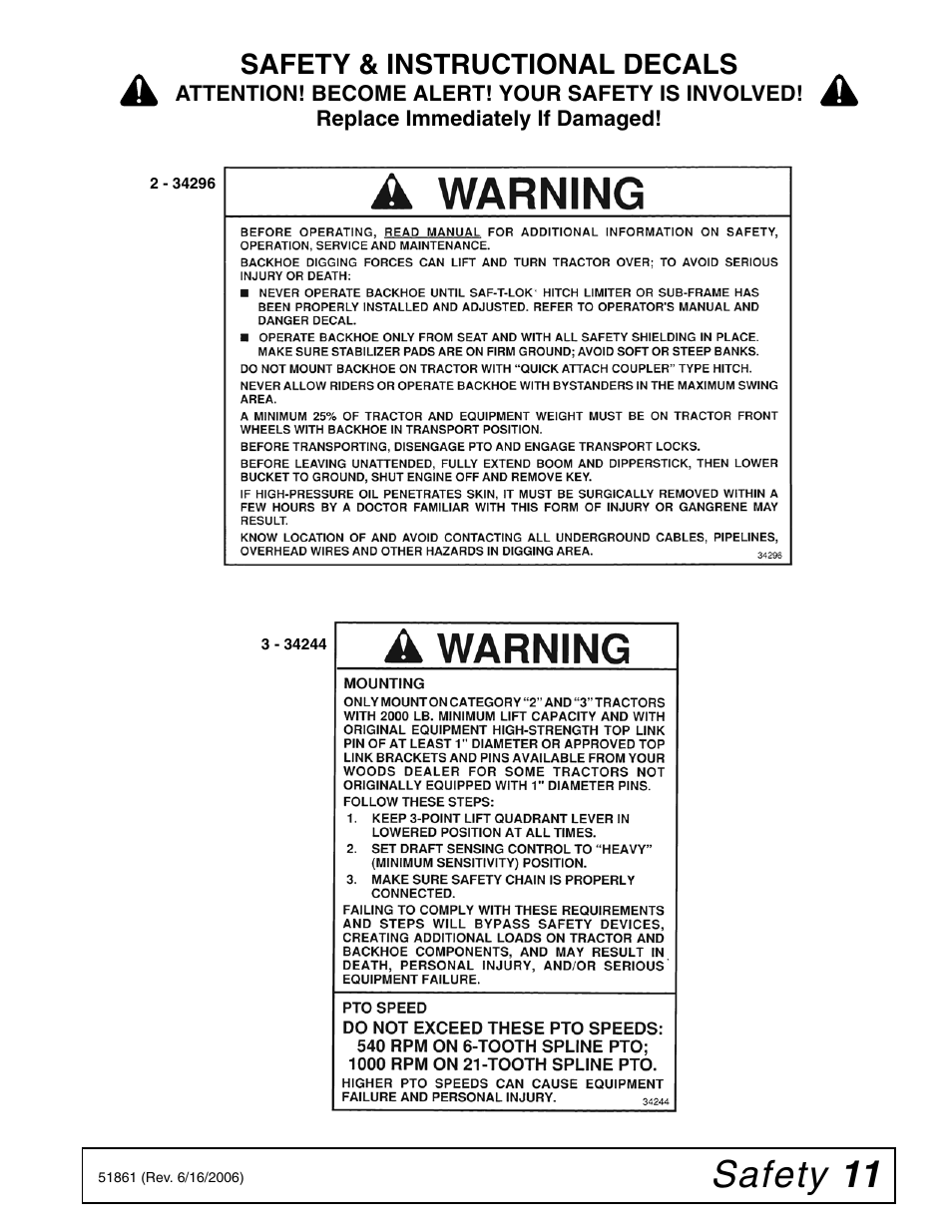 Safety 11, Safety & instructional decals | Woods Equipment 1050 User Manual | Page 11 / 60