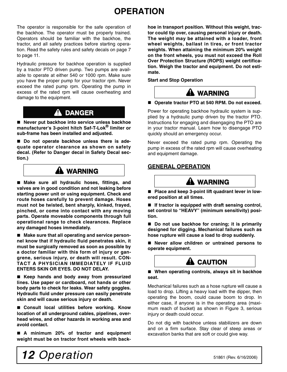 12 operation, Operation, Danger warning warning warning caution | Woods Equipment 1050 User Manual | Page 12 / 60