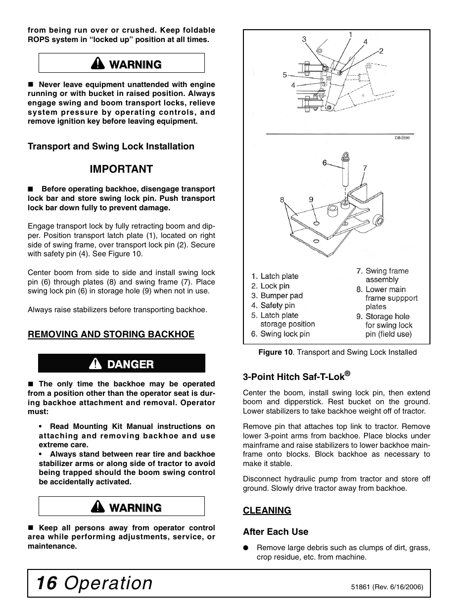 16 operation, Important, Warning danger warning | Woods Equipment 1050 User Manual | Page 16 / 60