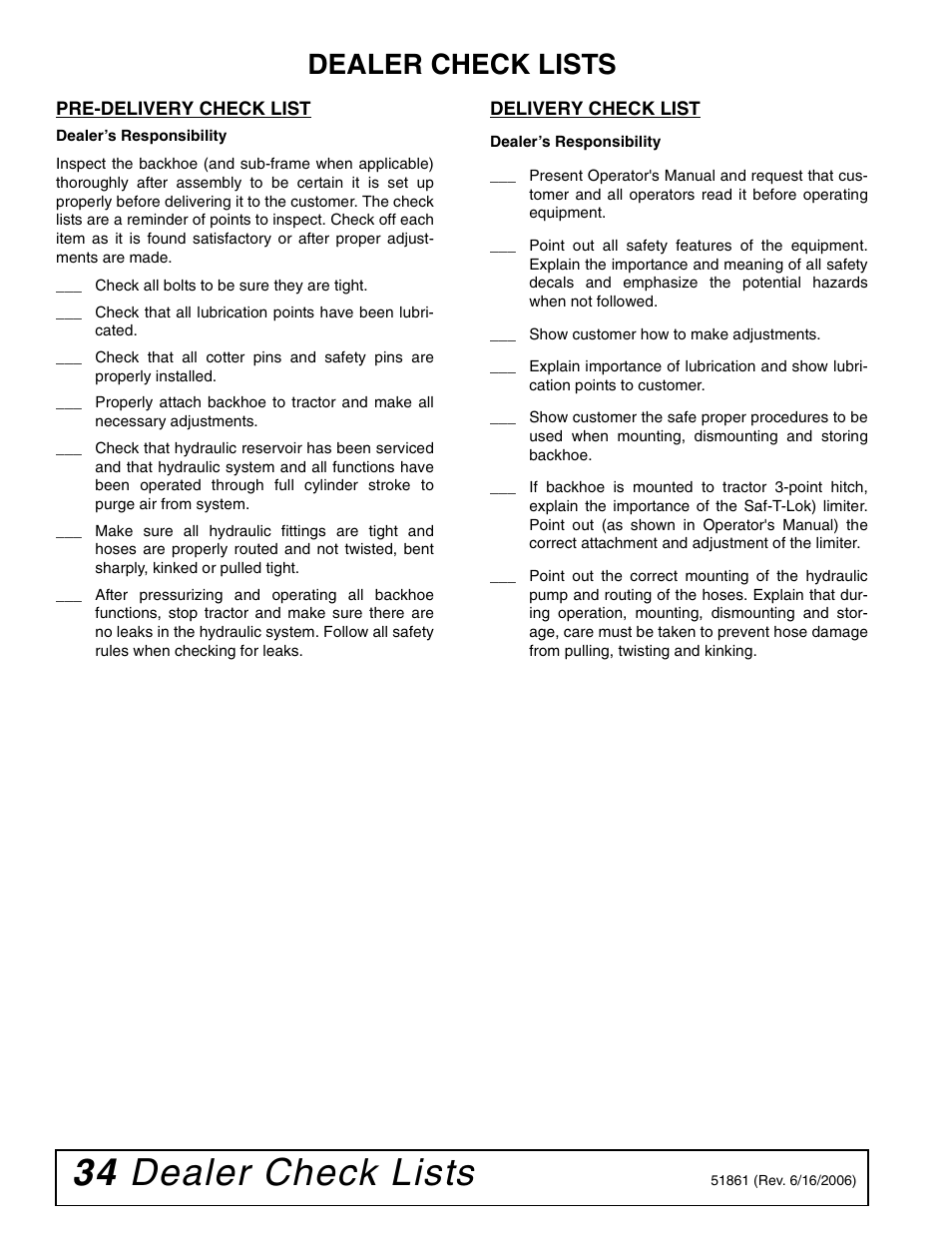 34 dealer check lists, Dealer check lists | Woods Equipment 1050 User Manual | Page 34 / 60