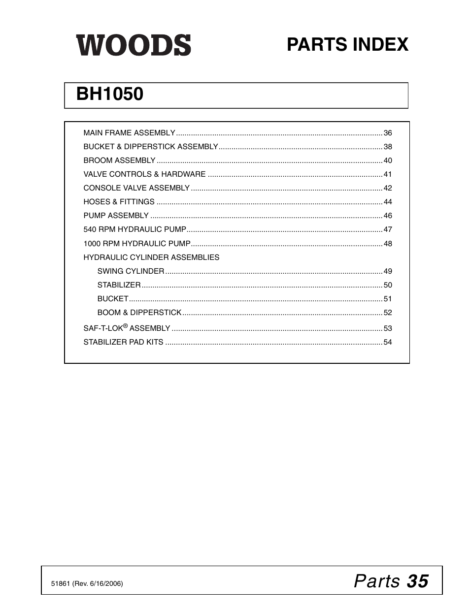 Parts 35, Parts index bh1050 | Woods Equipment 1050 User Manual | Page 35 / 60