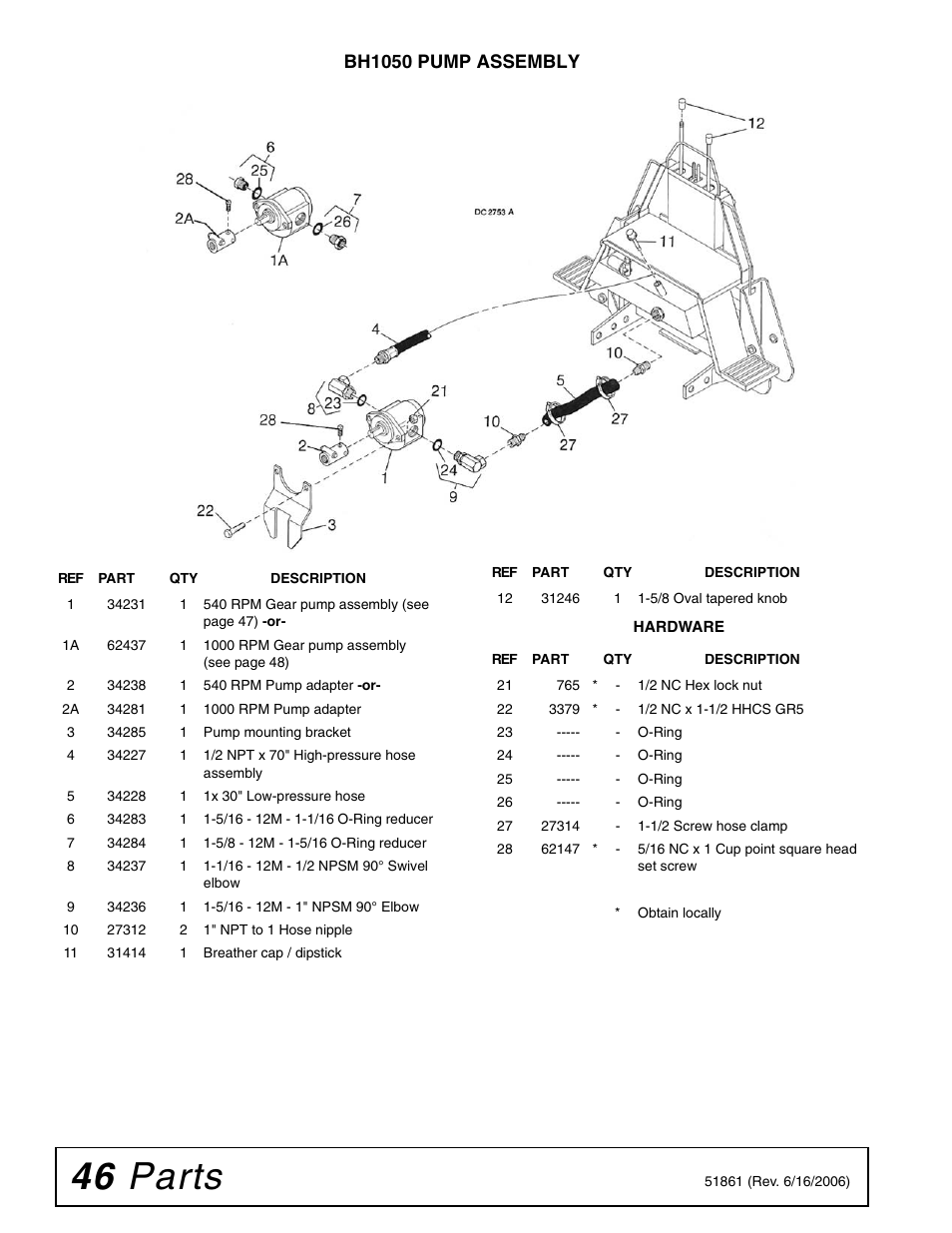 46 parts, Bh1050 pump assembly | Woods Equipment 1050 User Manual | Page 46 / 60