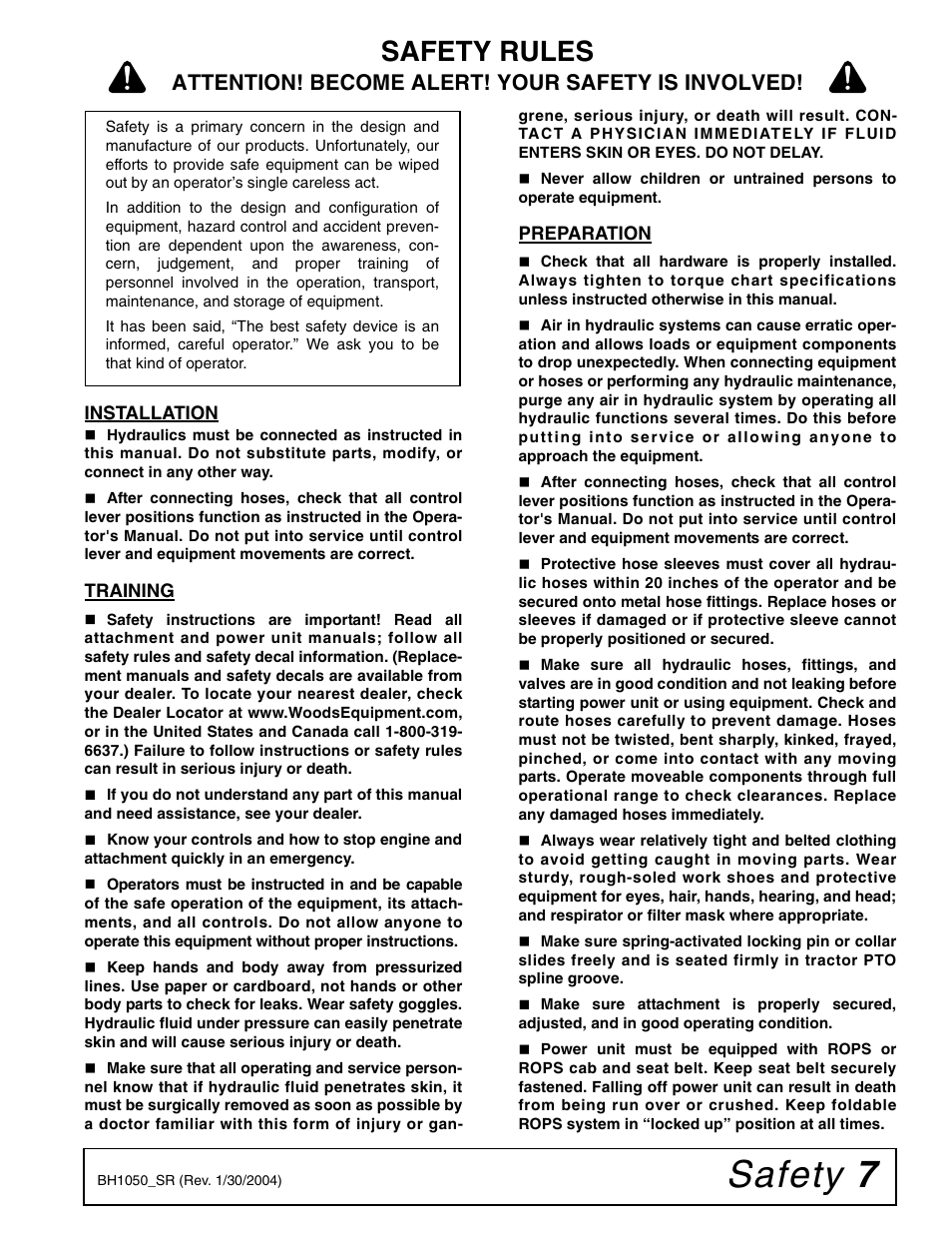 Safety 7, Safety rules, Attention! become alert! your safety is involved | Woods Equipment 1050 User Manual | Page 7 / 60