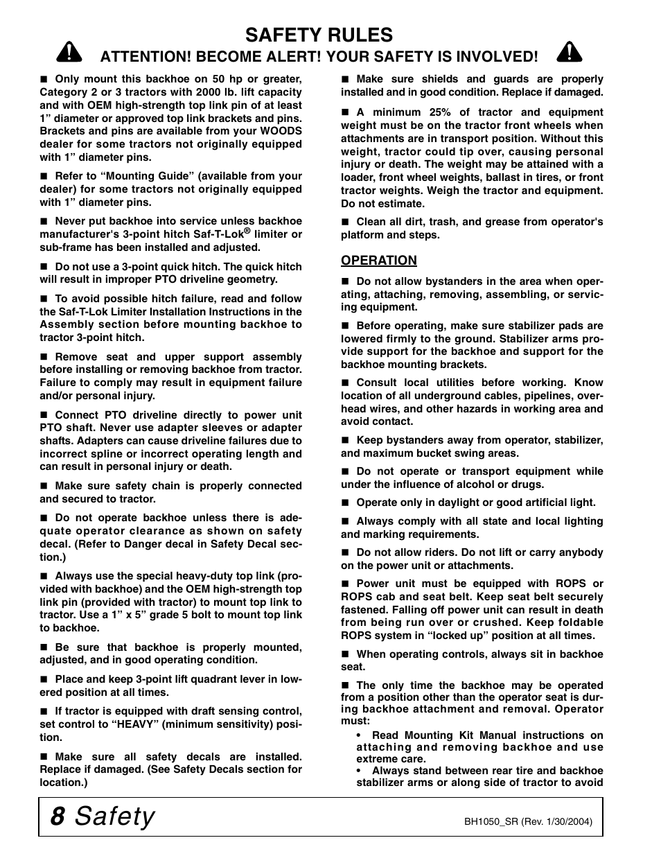 8 safety, Safety rules, Attention! become alert! your safety is involved | Woods Equipment 1050 User Manual | Page 8 / 60