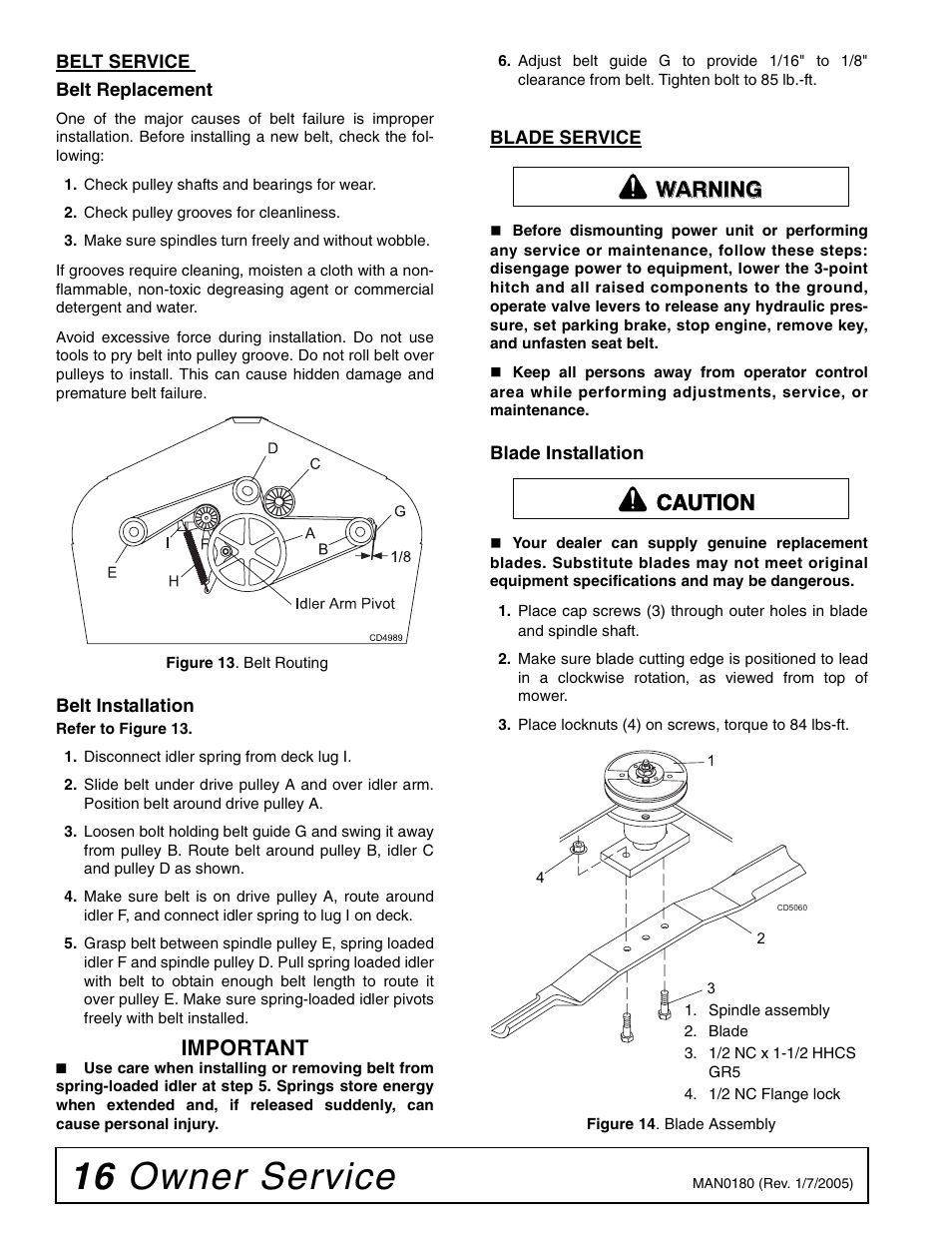 16 owner service, Important, Warning caution | Woods Equipment RD6000-2 User Manual | Page 18 / 48