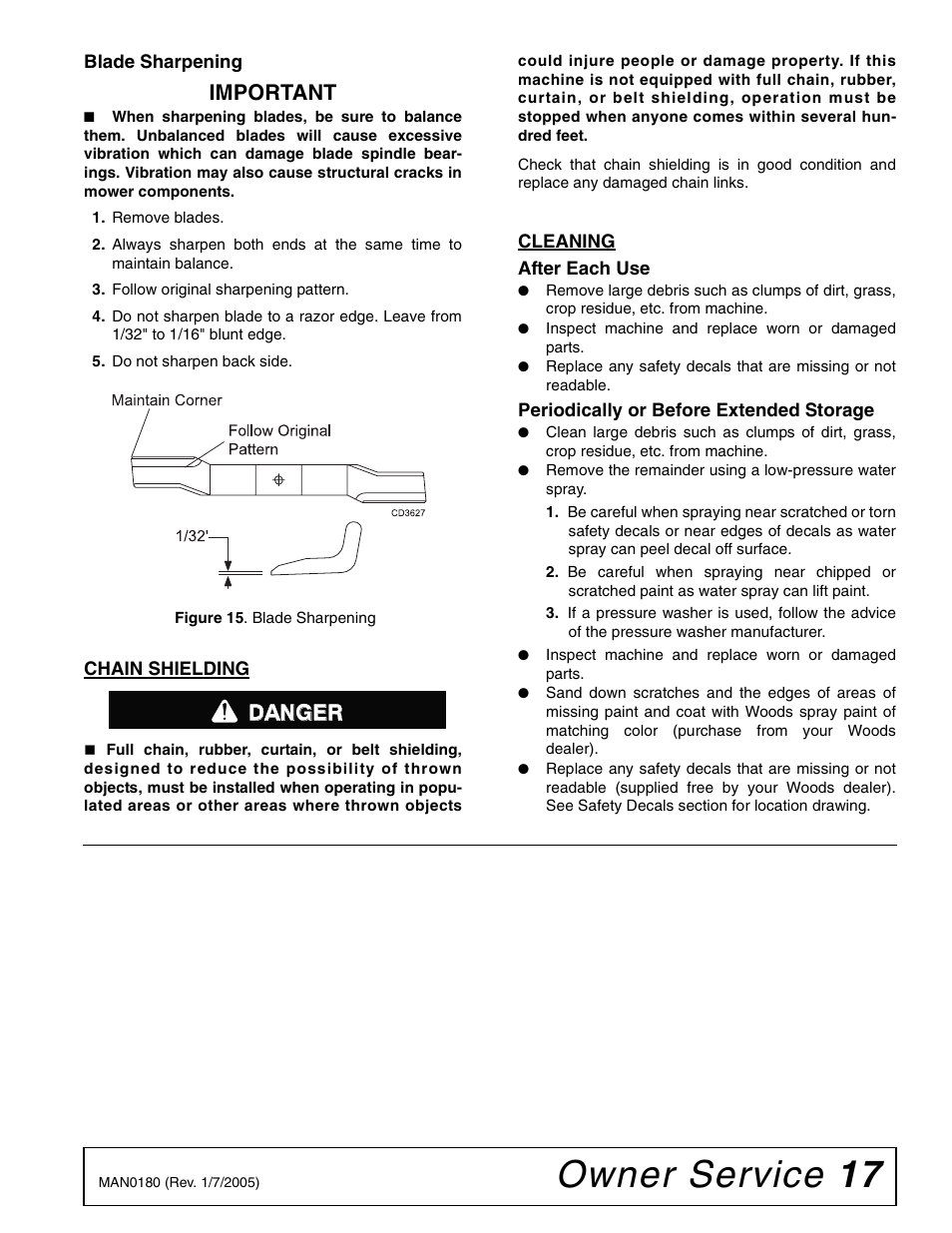 Owner service 17, Important, Danger | Woods Equipment RD6000-2 User Manual | Page 19 / 48