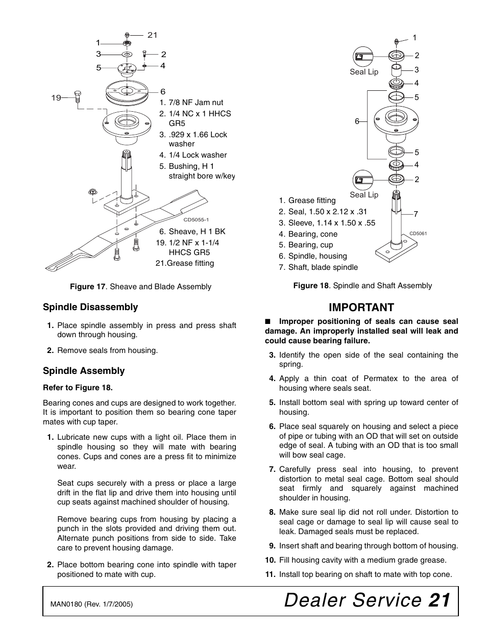 Dealer service 21, Important | Woods Equipment RD6000-2 User Manual | Page 23 / 48