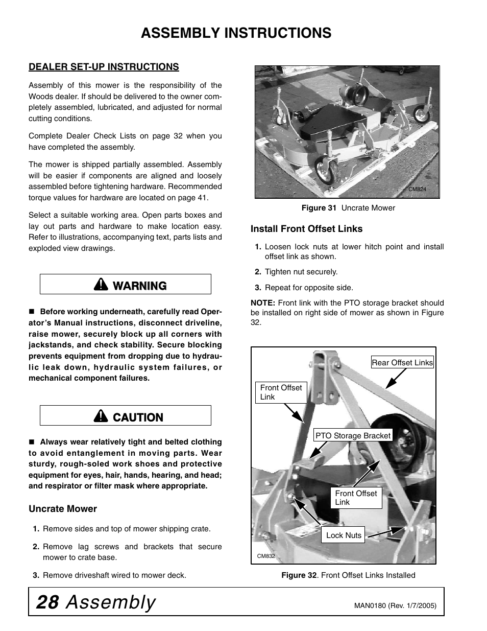 28 assembly, Assembly instructions, Warning caution | Woods Equipment RD6000-2 User Manual | Page 30 / 48