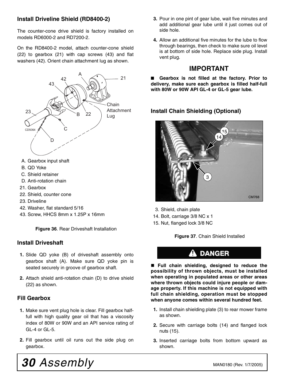 30 assembly, Important, Danger | Woods Equipment RD6000-2 User Manual | Page 32 / 48