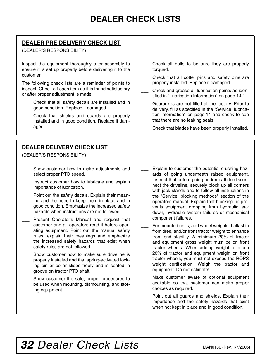 32 dealer check lists, Dealer check lists | Woods Equipment RD6000-2 User Manual | Page 34 / 48