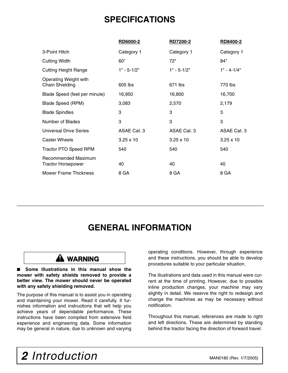 2 introduction, Specifications, General information | Warning | Woods Equipment RD6000-2 User Manual | Page 4 / 48