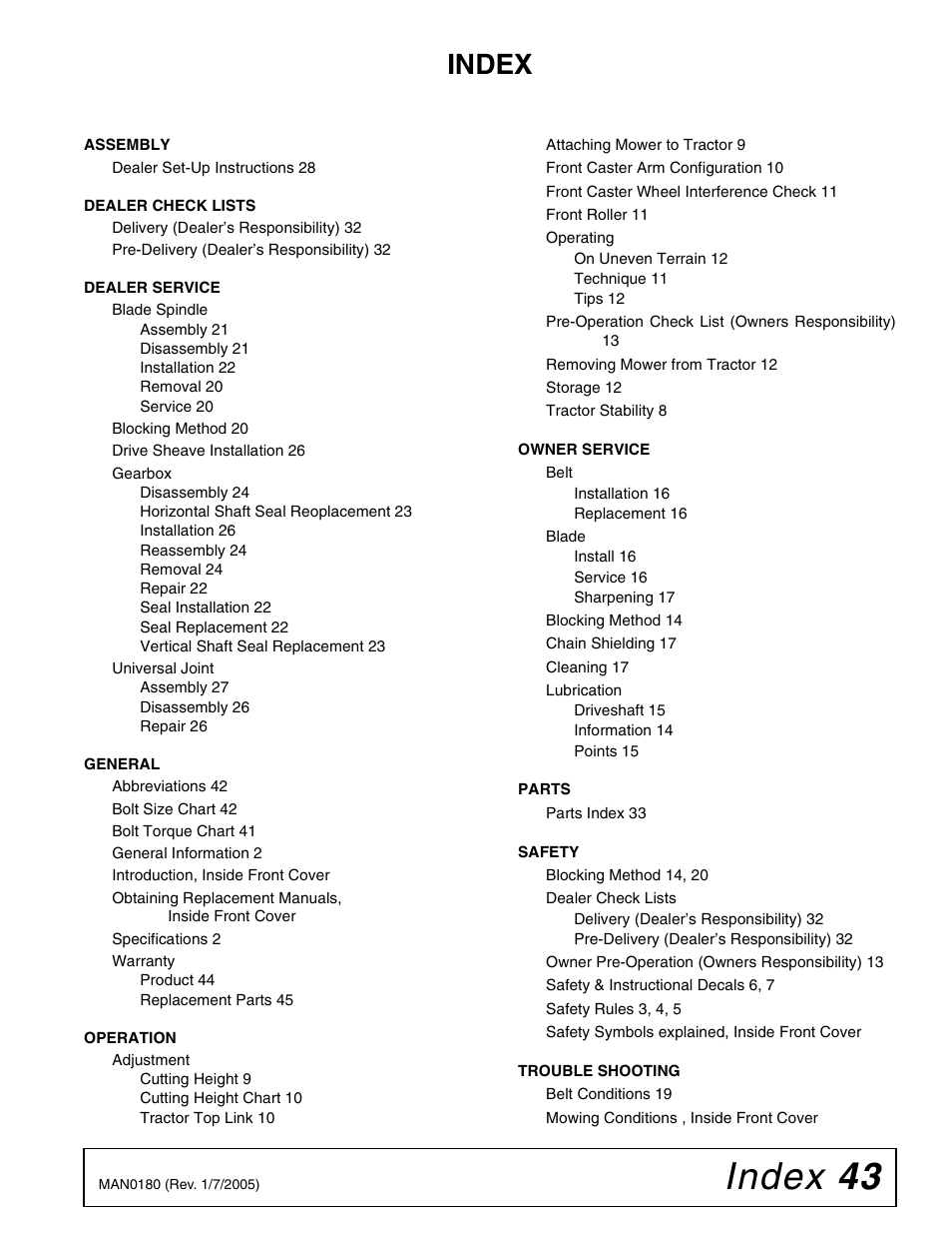 Index 43, Index | Woods Equipment RD6000-2 User Manual | Page 45 / 48