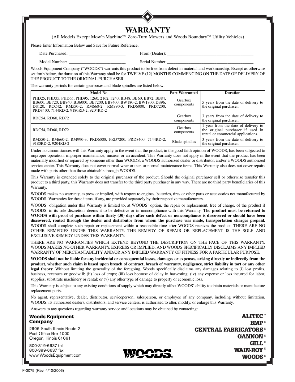 Warranty | Woods Equipment RD6000-2 User Manual | Page 46 / 48