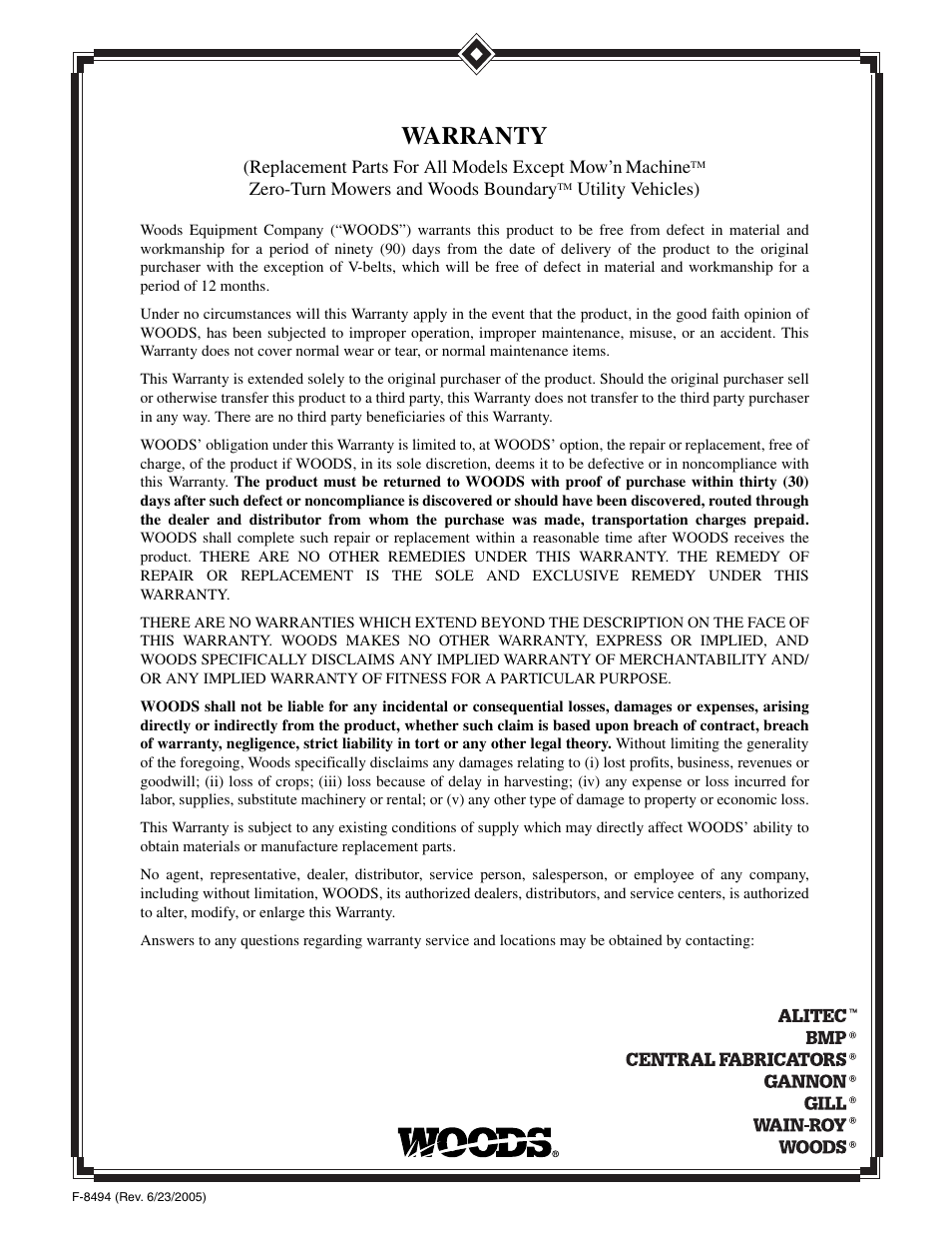 Warranty | Woods Equipment RD6000-2 User Manual | Page 47 / 48
