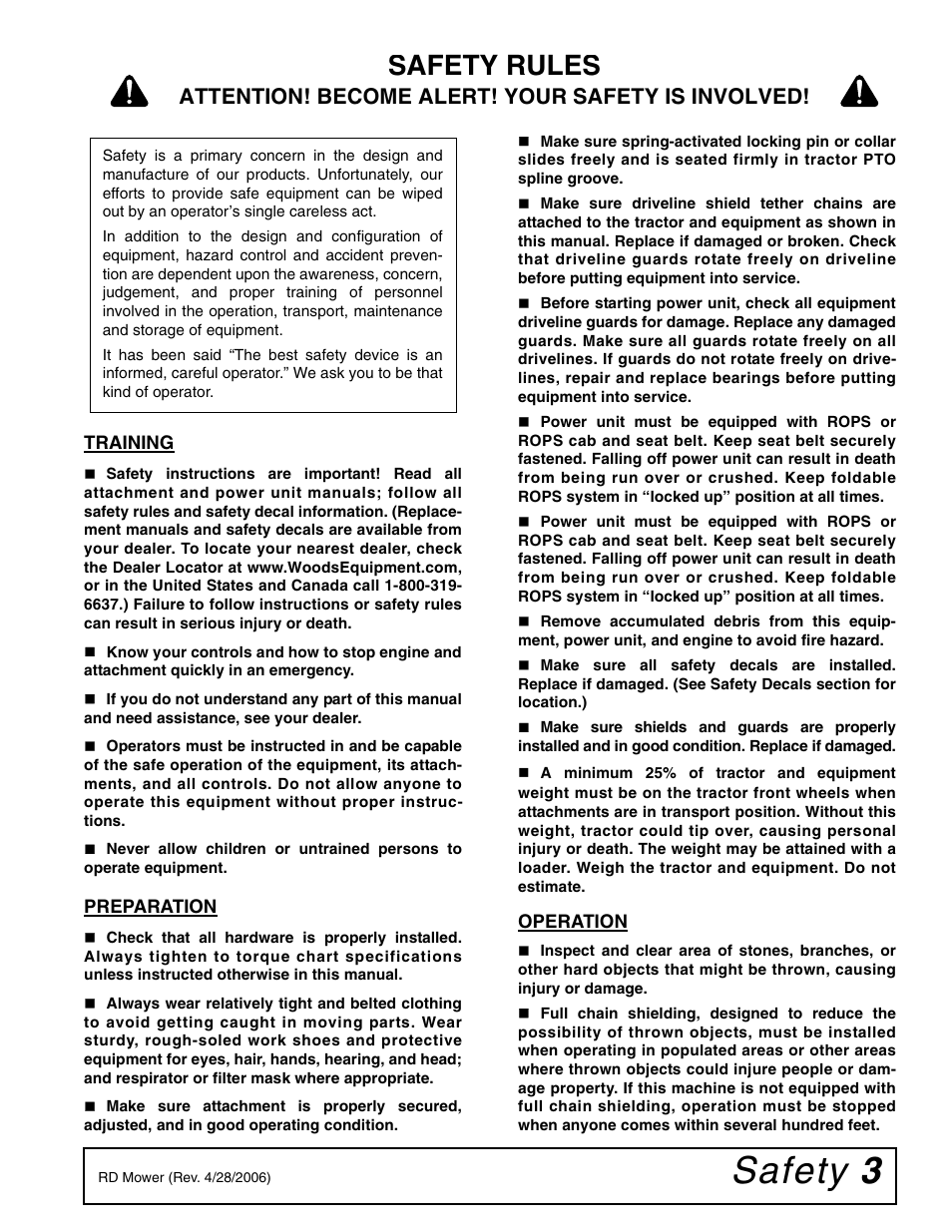 Safety 3, Safety rules, Attention! become alert! your safety is involved | Woods Equipment RD6000-2 User Manual | Page 5 / 48