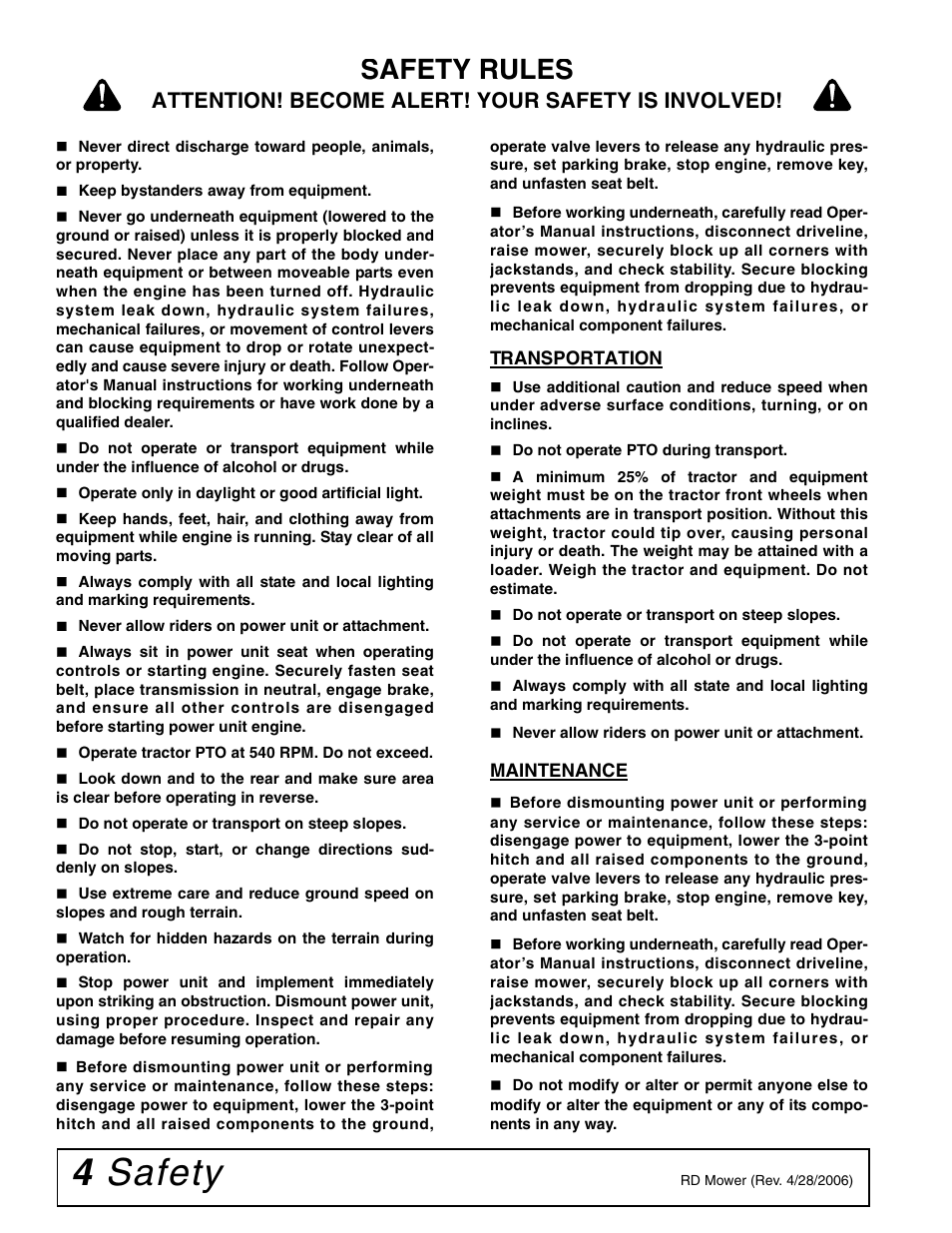 4 safety, Safety rules, Attention! become alert! your safety is involved | Woods Equipment RD6000-2 User Manual | Page 6 / 48