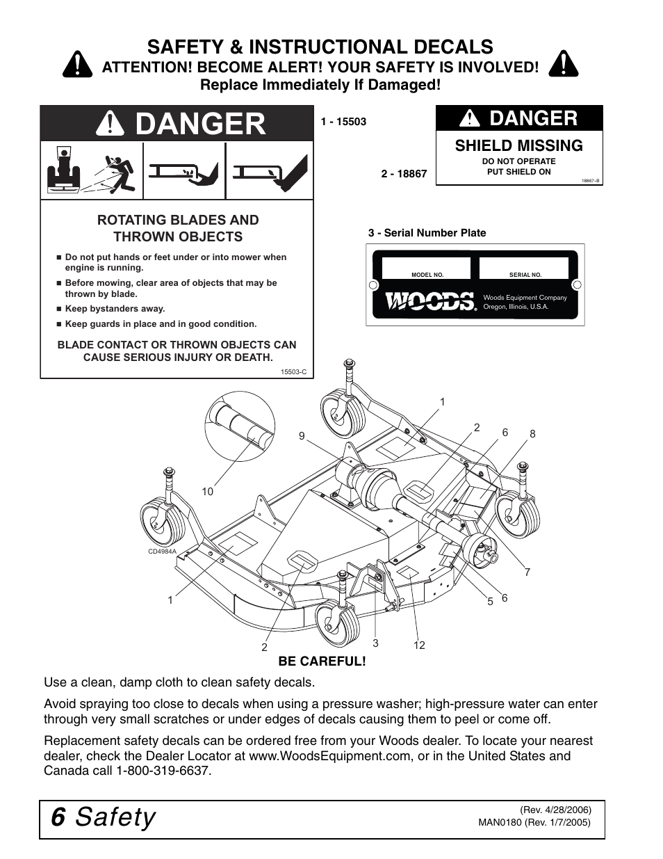 Danger, 6 safety, Safety & instructional decals | Shield missing | Woods Equipment RD6000-2 User Manual | Page 8 / 48
