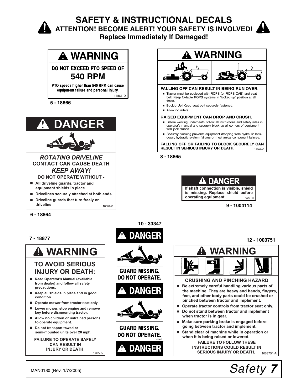 Safety 7, Danger, Warning | Safety & instructional decals, Dang nger er, 540 rpm, Keep away | Woods Equipment RD6000-2 User Manual | Page 9 / 48