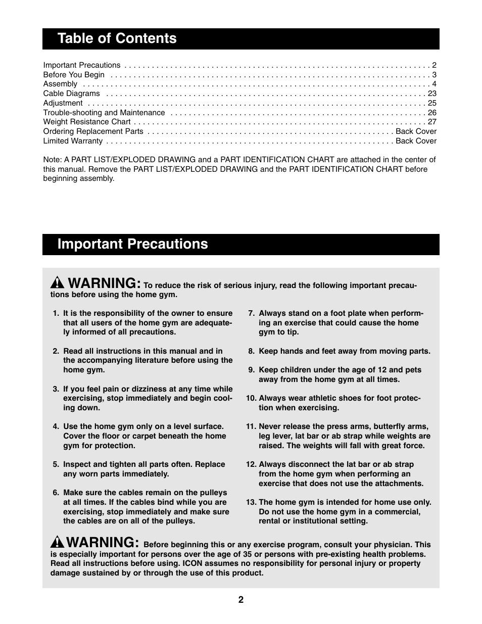 Table of contents important precautions warning, Warning | Weider 9940 User Manual | Page 2 / 33