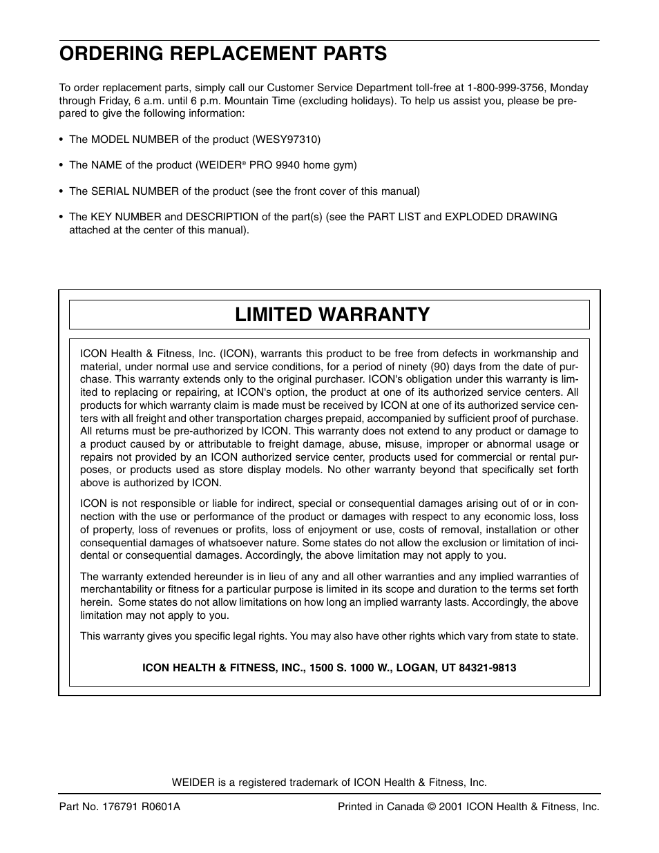 Ordering replacement parts, Limited warranty | Weider 9940 User Manual | Page 33 / 33