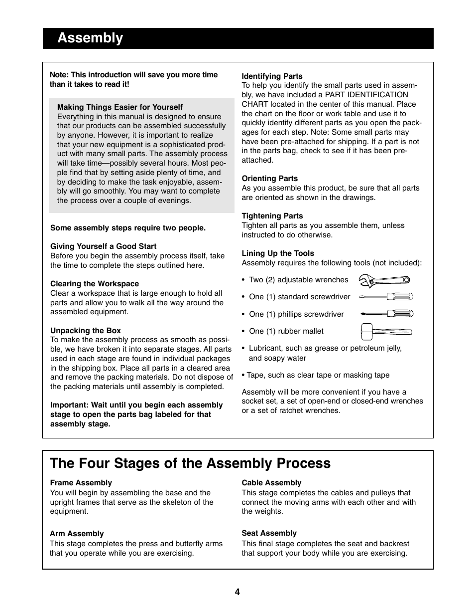 Assembly, The four stages of the assembly process | Weider 9940 User Manual | Page 4 / 33