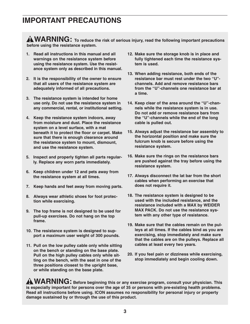 Warning, Important precautions | Weider WESY5993.2 User Manual | Page 3 / 24