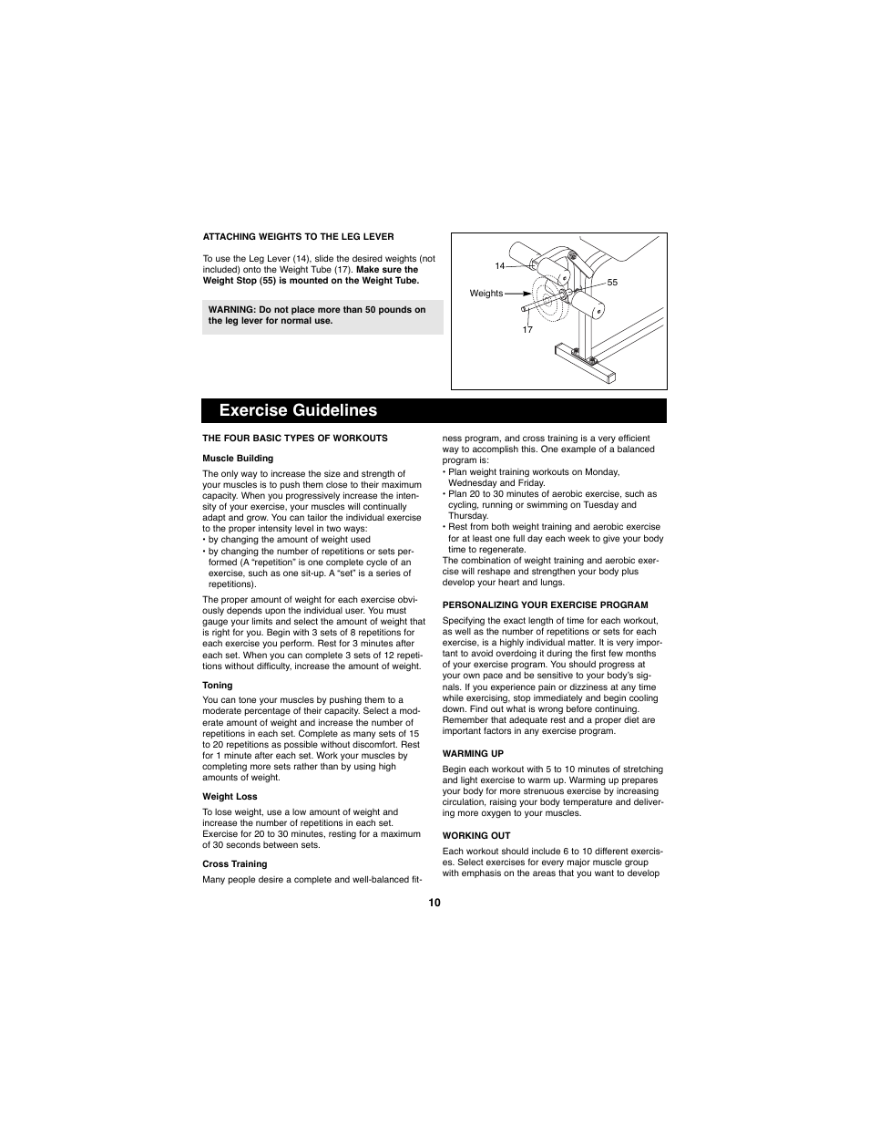 Exercise guidelines | Weider WEBE11880 User Manual | Page 10 / 15